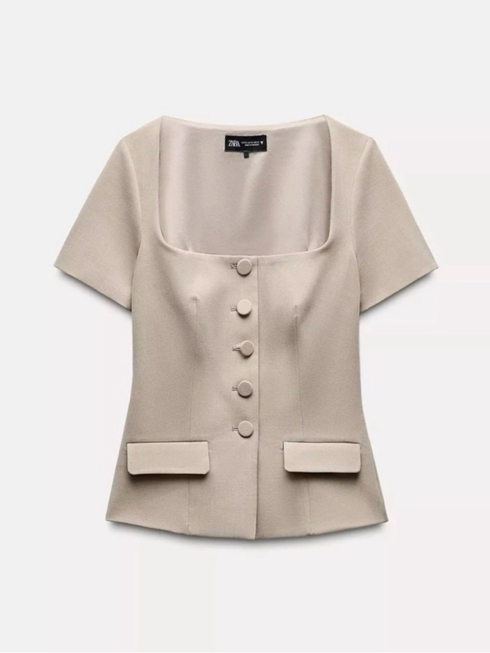 Zara Taupe Button-Front Square Neck Top